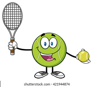 Cute Tennis Ball Player Cartoon Character Holding A Tennis Ball And Racket. Vector Illustration Isolated On White