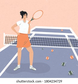 Cute tennis girl in sport clothes standing at tennis court and holding tennis racket vector flat illustration. Sportswoman at tennis court. Active lifestyle, sportswoman concept.