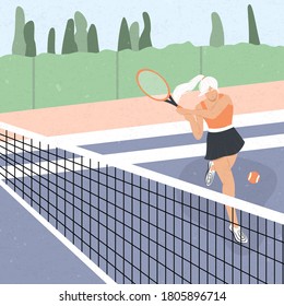 Cute tennis girl in sport clothes hitting tennis ball with racket at tennis court vector flat illustration. Active lifestyle, sportswoman concept.