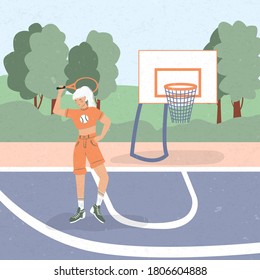 Cute tennis girl in sport clothes standing at tennis court and holding tennis racket vector flat illustration. Sportswoman at tennis court. Active lifestyle, sportswoman concept.