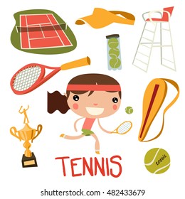 cute tennis kid set. girl playing tennis. tennis equipment vector set.