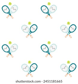 Cute tennis rackets and balls. Seamless pattern. White background. 