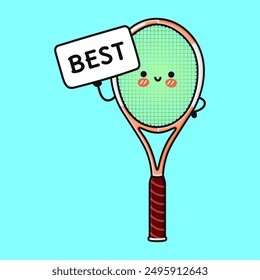 Cute Tennis racquet with poster best. Vector hand drawn cartoon kawaii character illustration icon. Isolated on blue background. Tennis racquet think concept