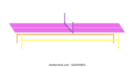 Cute tennis table isolated on bright backdrop, yellow stands, white net, table with lilac surface for playing small tennis, color vector illustration