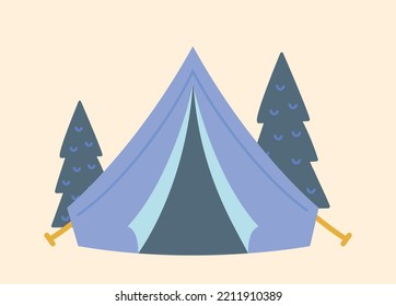 Cute tent icon. Active lifestyle and camping. Leisure, hobby and travel. Graphic element for website, poster or banner. Shelter in forest. Education and training. Cartoon flat vector illustration