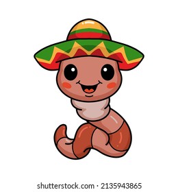 Cute tequila worm cartoon wearing a mexican sombrero hat