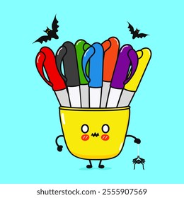 Cute Terrible Multi-colored pens character. Vector hand drawn cartoon kawaii character illustration icon. Isolated blue background. Angry Zombie Multi-colored pens character. Halloween concept