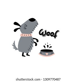Cute terrier dog and bowl of food and the inscription - woof, isolated on white background. Vector illustration.