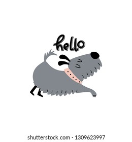 Cute terrier dog and the inscription - hello, isolated on white background. Vector illustration.