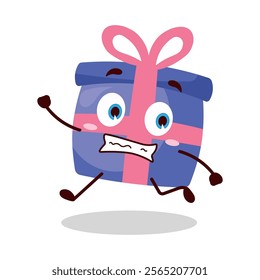 cute terrified running expression of blue gift box cartoon character
