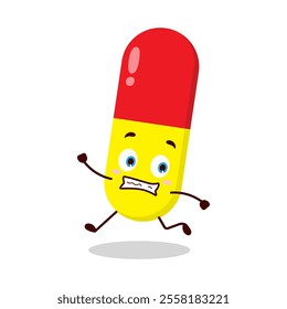 cute terrified running expression of drug capsule cartoon character
