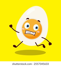 cute terrified running expression of half boiled egg cartoon character