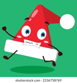 cute terrified running expression of Santa Clause hat character