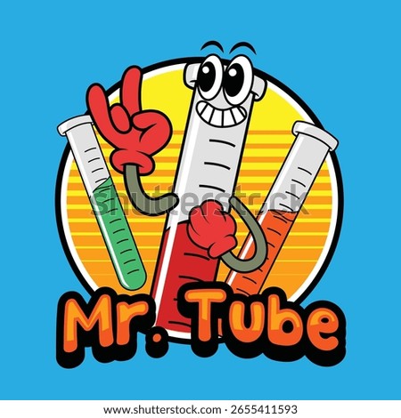 Cute test tube back to school in retro cartoon character illustration