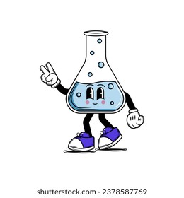 Cute Test tube character with face smile in groovy style. For design of medical premises, children's medical books, covers, booklets, leaflets, web, app. Vector illustration
