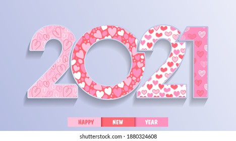 Texto lindo 2021 con corazón sobre fondo pastel. Feliz año nuevo.