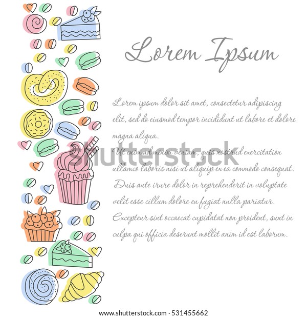 Cute text border of sweets and bakery doodles with\
colorful silhouettes 