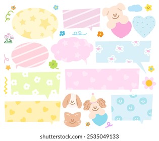 Cute text bubbles with puppy, cat, flowers for cartoon, comic, chatting, dialogue, masking tape, stickers, communication, back to school, name tag, kids and children, animals print, pet shop, vet