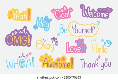 Cute text in doodle style vector set.