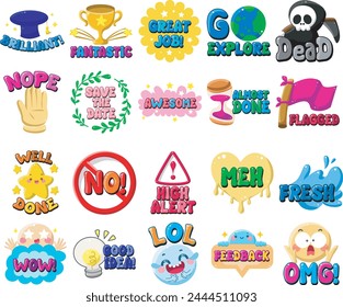 Cute text sticker message illsutration. Colorful positive quotes text. Cute sticker with faces and text.