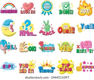 Cute text sticker message illsutration. Colorful positive quotes text. Cute sticker with faces and text.