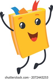 Cute textbook character. Smiling happiness human book with legs in jump, cartoon icon vector illustration isolated on white background