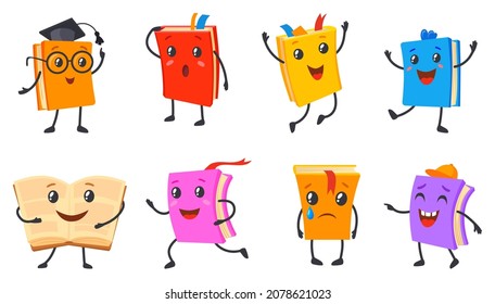 Cute textbook characters. Cute books literature books with sad face eyes hands, funny school book mascot, childish emoji, cartoon icon vector illustration. Textbook study mascot, literature education