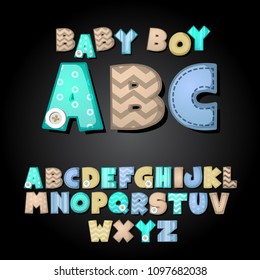 Cute textile alphabet set  for scrapbook or collage design. Patchwork style. Creative comic font. Letters for kids' illustrations