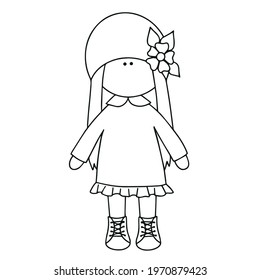 Cute textile doll. Outline illustration on white background.	