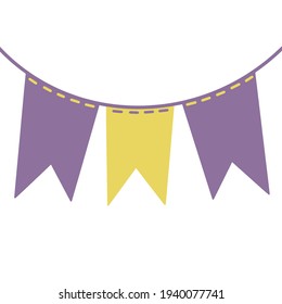 Banderas textiles para niños. Ilustración aislada de vectores sobre fondo blanco. Objetos amarillos y morados para el diseño de los niños. Sin foto.
