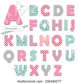 Cute textile font for scrapbook or collage design. Patchwork style. Different patterns included under clipping mask.