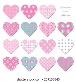 Lindos corazones textiles aislados en blanco. Diferentes patrones incluidos bajo la máscara de recorte.