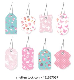 Cute textile label tags set in pastel pink and blue colors.