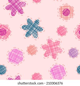 Cute textile seamless pattern. Flowers and circles on pink background. Vector illustration 