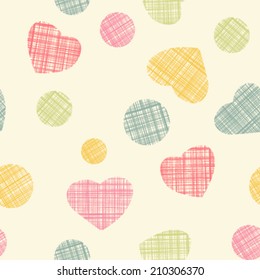 Cute textile seamless pattern. Hearts and circles on beige background. Vector illustration 