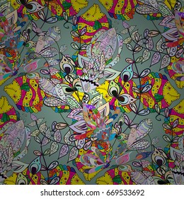 Cute textile seamless pattern with rever fishes Vector illustration. On colored background with flowers.