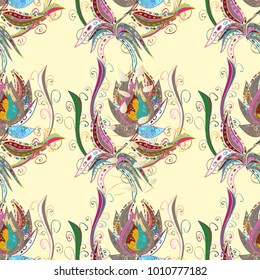 In cute textile style on beige, neutral and blue colors. Floral background. Vector illustration. Flowers wallpaper. Colorful seamless pattern.