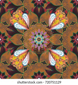 In cute textile style on brown, gray and blue colors. Floral background. Vector illustration. Flowers wallpaper. Colorful seamless pattern.