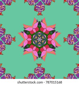 In cute textile style on green, pink and violet colors. Colorful seamless pattern. Flowers wallpaper. Vector illustration. Floral background.
