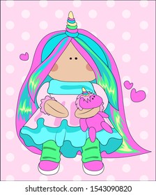 Cute textile unicorn doll. For your logo, t-shirt print, banner, sweatshirt. 