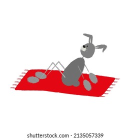 Cute texture bunny hare lies on a blanket on the beach for kids book illustration. Vector character