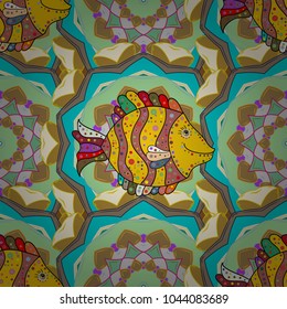 Cute texture fish pattern. Fishes on yellow, green and beige colors. Seamless colorful background. Vector illustration.