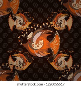 Cute texture fish pattern. Fishes in black, brown and orange colors. Seamless colorful background. Vector illustration.