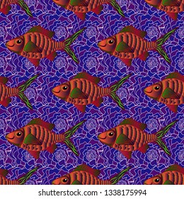 Cute texture fish pattern. Vector illustration. Seamless colorful background. Fishes in blue, brown and violet colors.