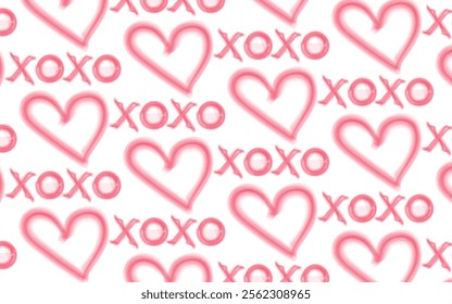 Cute texture with repeating pink heart contours and "XOXO." Ideal for greeting cards and scrapbooking projects