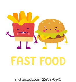 Cute textured fast food print with text. Adorable food mascots french fry and burger.