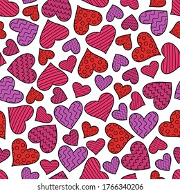 Cute textured hearts seamless pattern. Vector illustration.