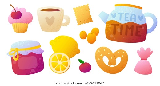 Cute textured sweet food set. Cozy tea time vector collection. Cartoon sweets bundle.