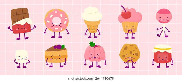 Cute textured sweet food set. Cartoon vector desserts collection. Adorable sweets bundle.