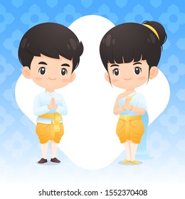 Cute Thai boy and girl character in traditional costume in greeting action, Kawaii kid vector cartoon for illustration